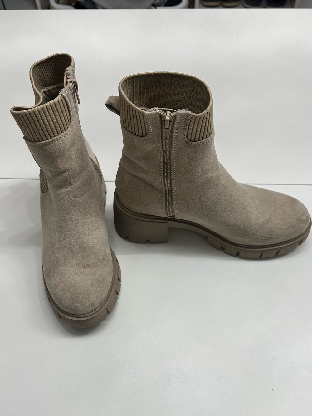 No Boundaries Taupe Suede Ribbed-Cuff Lug Ankle Boots